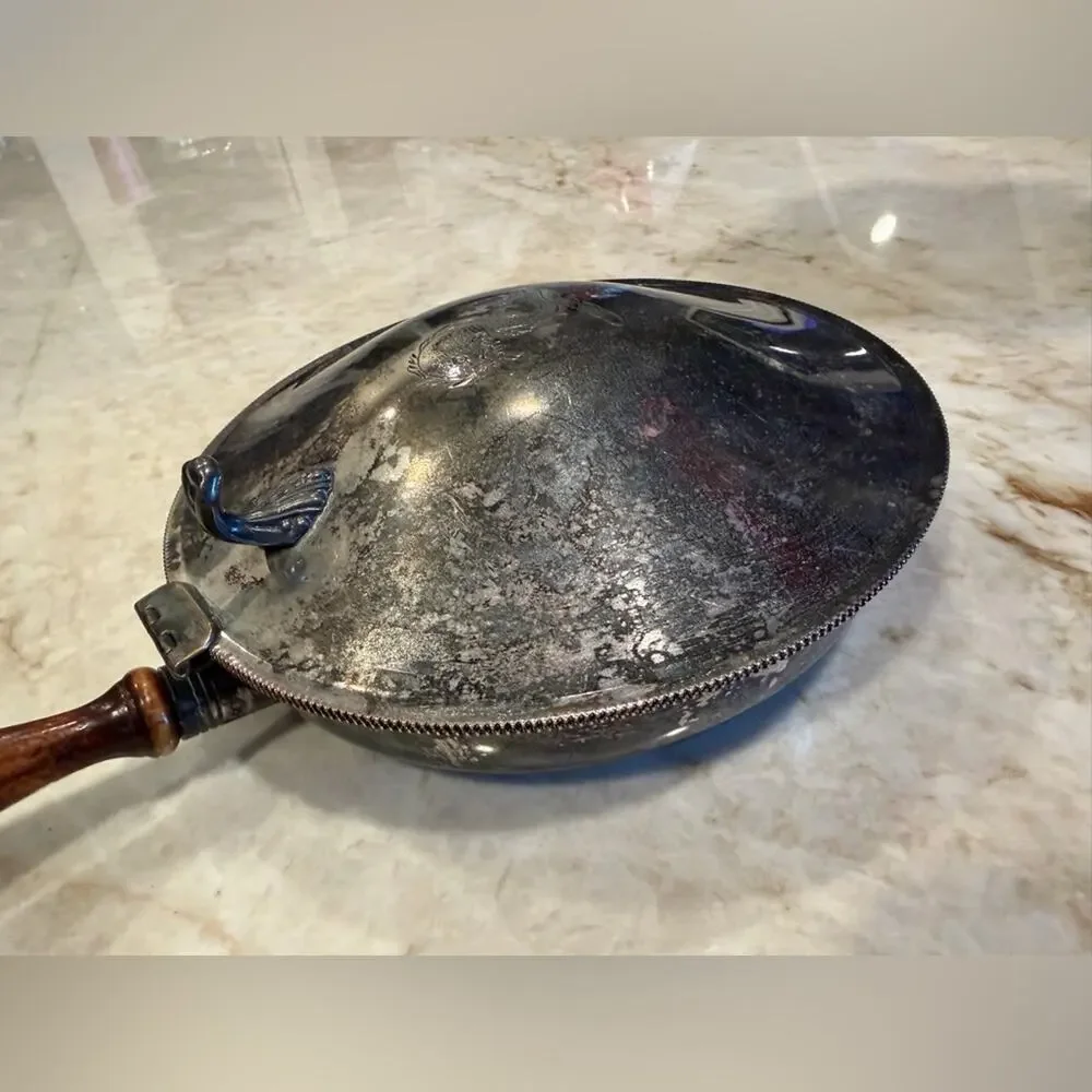 Vintage Silver on Copper silent butler Pan with Wooden Handle